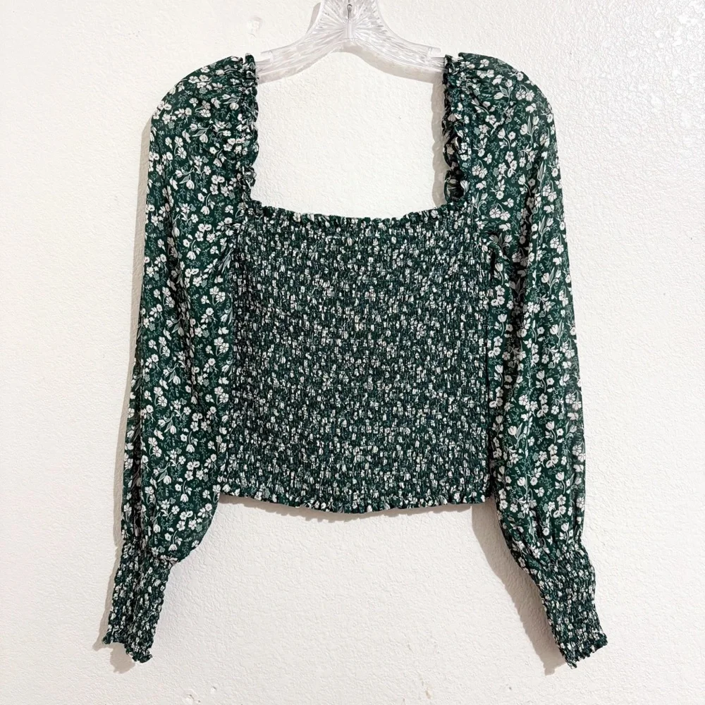 Reformation‎ Pinto Long Puff Sleeve Smocked Top in Parsley Green & White Floral